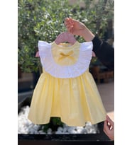 Fırfır ve Kurdele Süslemeli Pötikare Sarı Kız Çocuk Bebek Elbise