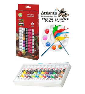 Guaj Boya 12 Renk Nova Color 12 Ml Tüp 1 Paket 12 Li Guaj Boya Seti ve Yuvarlak Resim Paleti Fırçalı 1 Paket 10 Hazneli Boya Paleti Sanatsal Boyalar İçin Palet Guaj Boya