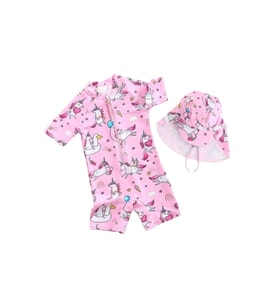 UPF50+ Pembe Unicorn Mavi Balon Desenli Kız Çocuk Şapka Mayo Set
