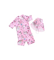 UPF50+ Pembe Unicorn Mavi Balon Desenli Kız Çocuk Şapka Mayo Set