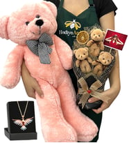 Kişiye Özel 3'lü Peluş Ayıcık Buketi, Renkli Anka Kuşu Kolye ve Pembe Peluş Ayıcık (Model 1)