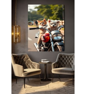 MOTORA BİNEN KEDİ KÖPEK KANVAS TABLO EV DUVAR SALON OFİS DÜKKAN HEDİYELİK DEKARASYON SÜSÜ (Çok Renkli)