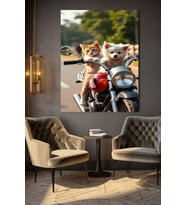 MOTORA BİNEN KEDİ KÖPEK KANVAS TABLO EV DUVAR SALON OFİS DÜKKAN HEDİYELİK DEKARASYON SÜSÜ (Çok Renkli)