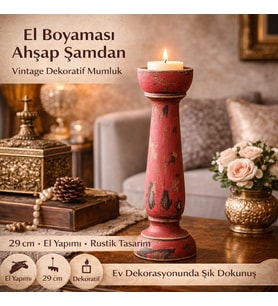 El Boyaması Vintage Ahşap Şamdan Mumluk 29 cm – Rustik Dekoratif Mumluk, Salon & Masa Üstü Dekor (Yılbaşı Kırmızısı)