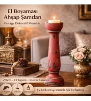 El Boyaması Vintage Ahşap Şamdan Mumluk 29 cm – Rustik Dekoratif Mumluk, Salon & Masa Üstü Dekor (Yılbaşı Kırmızısı)
