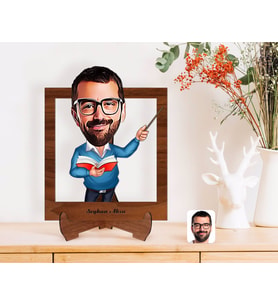 BK Gift Kişiye Özel Erkek Öğretmen Karikatürlü Ahşap Standlı 3D Biblo-2 (Beyaz)