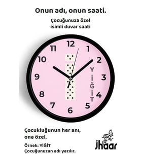 İsme Özel İ Harfli Pembe Çocuk Odası Duvar Saati Orta Boy 30 cm Siyah Camlı Sessiz