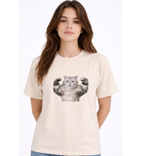 Kadın Tişört Baskılı Kedi Desenli Basic Günlük Rahat %100 Pamuk (Bej)