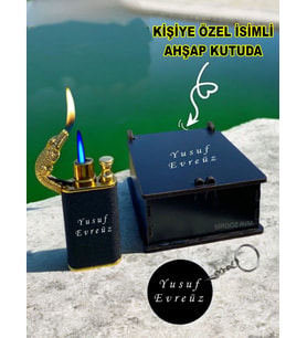 Kişiye Özel İsimli Timsah Başlıklı Çift Ateşli Çakmak ve Anahtarlık Özel Ahşap Kutusunda