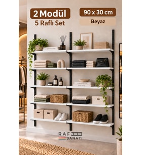 2 Modül 90x30 cm 10 Raflı Geniş Mağaza Duvar Rafı Konik Dikme Sistem Beyaz Suntalam