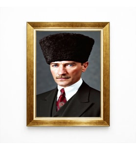 Tablore Atatürk Kalpaklı Portre Tablo Renklendirilmiş Canlı Baskı Gold Çerçeveli