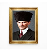 Tablore Atatürk Kalpaklı Portre Tablo Renklendirilmiş Canlı Baskı Gold Çerçeveli