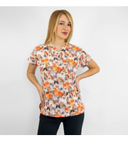 Unisex Kahve Kediler Desenli Esnek Likralı Doktor Hemşire Veteriner Cerrahi Scrubs  Tek Üst Forma (Turuncu)