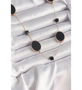 Pirinç Gold Renk Siyah Renk Oval Siyah Küp Detay Kadın Kolye 5886 - HEP-6908-7283
