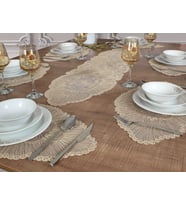 Amerikan Servis Supla ve Runner Seti 6 Kişilik Nakışlı Bej Venice 7 Parça Masa Ve Sunum Takımı Venice6'lı Bej Set, 1 Runnerlı Set Venice Çeyizlik Takımı