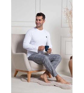 Mecit 3054 Erkek Beyaz Ekoseli Büyük Beden Pijama Takımı