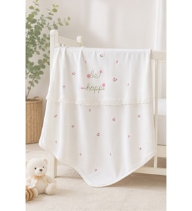 %100 Pamuk Çiçek Nakışlı İnterlok Bebek Battaniyesi 85x90 cm 4 Mevsim Kulla