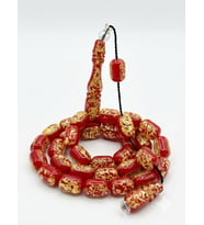 24 Ayar Altın Parçacıklı Uçak Camı Golden Rosary Özel Tasarım Ahşap Kutulu Tesbih (Kırmızı-Altın)