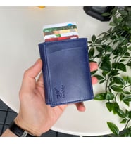 Modica Pescol - Hakiki Deri RFID Korumalı Otomatik Mekanizmalı Akıllı Kartlık/Cüzdan (Lacivert)