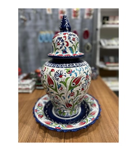 Tabaklı Büyük Boy Şah Küpü 40 CM Lale Desenli Kütahya Çini