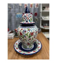 Tabaklı Büyük Boy Şah Küpü 40 CM Lale Desenli Kütahya Çini