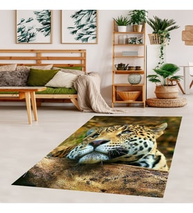 Leopar Desenli Dijital Baskılı Kaymaz Taban Yıkanabilir Modern Salon Halısı (Kahverengi)