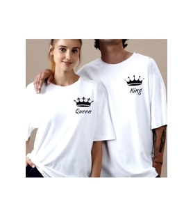 Unisex Kadın Erkek King&Queen Baskılı Sevgili Çift Kombini Tasarım Oversize T-shirt 2'li Set (Beyaz)