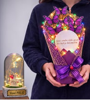 Renkli Led Işıklı Aynalı Mor Kelebek Buketi (Kişiye Özel Led Işıklı Fanus Hediyeli) (Model 6)
