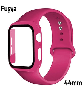 ALLY Apple Watch 4-5-6 44mm Silikon Kordon Kayış ve Ekran Koruyucu Kılıf FUŞYA