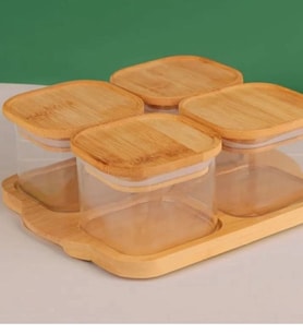 Bambu Tepsili Kapaklı Kahvaltı Seti 4lü Bambu Vakumlu Kapak