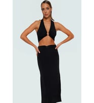 Şık V Yaka Fitted Örme Bluz Etek Plaj Takımı Görünüm Modern Stil Premium Kalite (Siyah)