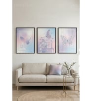 Holografik Pastel Kelebekler ve Modern Soyut Dokunuşlar 3’lü Ahşap Çerçeveli Tablo Seti