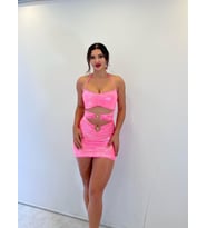 Pembe Lame Askılı Toka Detaylı Mini Etekli Takım