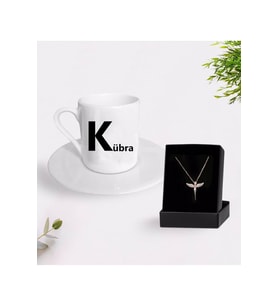 Kişiye Özel İsimli Tasarımlı Kahve Fincanı Ve Melek Kolye
