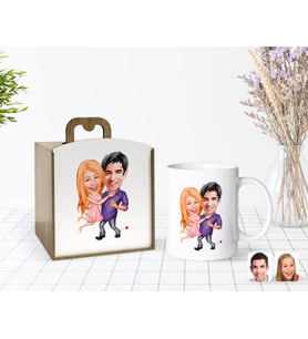 BK Gift Kişiye Özel Ahşap Kutuda Sevgililer Karikatürlü Beyaz Kupa Bardak-3