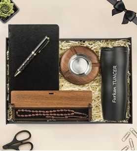Premium Defter,Kalem,Doğal Ahşap Küllük,Kuka Tesbih Ve Termos Hediye Seti