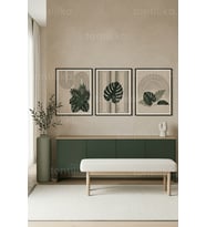 Modern Botanik Geometrik Desenli 3’lü Ahşap Çerçeveli Tablo Seti
