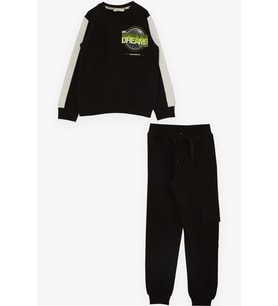 Breeze Girls & Boys Erkek Çocuk Eşofman Takım Dünya Stili Temalı Slogan Baskılı 7-12 Yaş, Siyah
