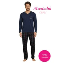 Alimer Erkek Ekose Desen V Yaka Düğmesiz %100 Pamuk Mevsimlik Uzun Kol Cepli Pijama Takımı (İndigo)