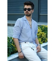 Mavi Keten Apaj Yaka Relax Fit Hediye Kutulu Erkek Gömlek