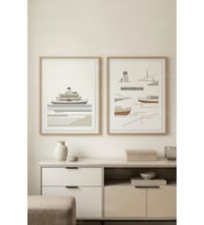 Modern Minimalist Deniz ve Gemi Temalı 2’li Ahşap Çerçeveli Tablo Seti
