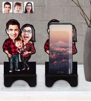 BK Gift Kişiye Özel Aile Karikatürlü Ahşap Biblo Telefon Standı-2