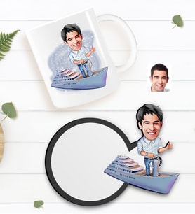 BK Gift Kişiye Özel Erkek Kaptan Karikatürlü Beyaz Kupa ve Ahşap Bardak Altlığı Hediye Seti-2