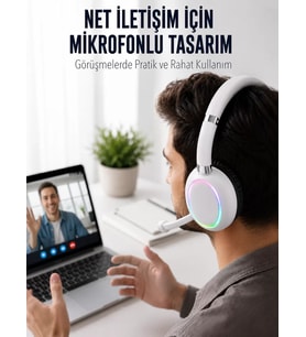 Bluetooth 5.0 Beyaz Kulak Üstü Kablosuz Kulaklık Mikrofonlu RGB Aydınlatmalı