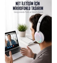 Bluetooth 5.0 Beyaz Kulak Üstü Kablosuz Kulaklık Mikrofonlu RGB Aydınlatmalı