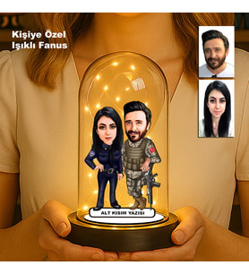 Kişiye Özel Çift Karikatür Fanus  Sevgili ve Evlilere Özel Işıklı Biblo