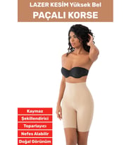 İz İç Göstermez Kaymaz Sıkılaştırıcı Vücut Şekillendirici LAZER KESİM Yüksek Bel Paçalı Korse (Bej)