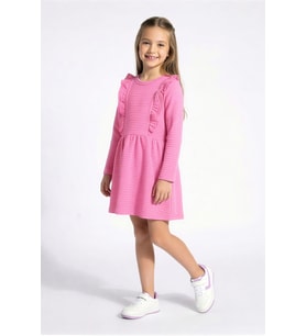 Kız Çocuk Elbise-Otoman Kumaş-Fırfır Detaylı 6-10 Yaş 12535 MODANINO (Koyu Pembe)