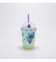 500ml Stitch Figürlü Pipetli Köpük Boncuklu Bardak Mor Renk Şeffaf Kapaklı Çocuk Matara (Ebru Yeşil)