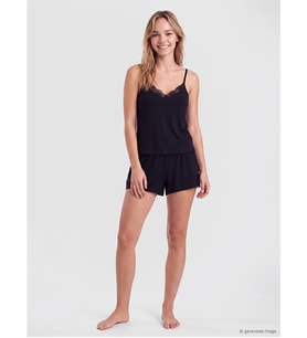 LCW DREAM Siyah Dantel Detaylı İp Askılı Kadın Şortlu Pijama Takımı